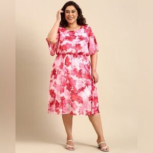 The Pink Moon Plus Size Pink Floral Print Round-Neck A-Line Midi Dress
6XL NWT